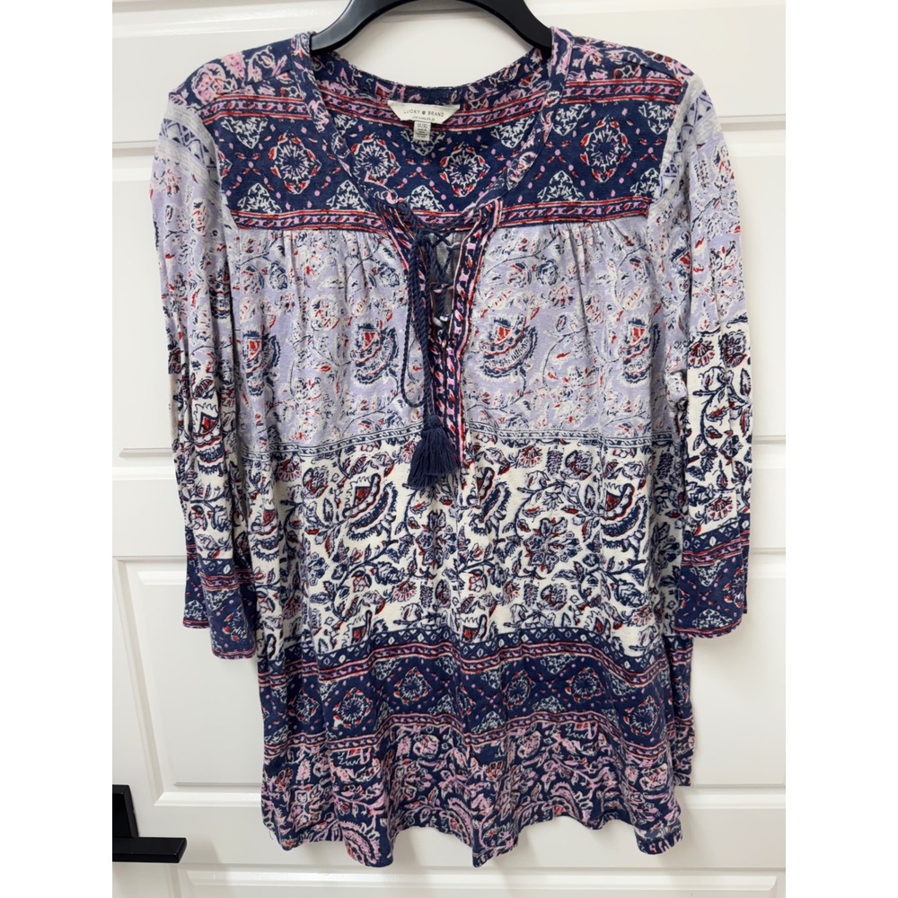 Lucky Brand Womens 1X Blue Paisley Floral Tassel Tie Peasant Blouse 3/4 Sleeve